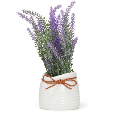 Juvale Artificial Lavender Flowers in Ceramic Vase for Bathroom Decor (4 x 9 in)