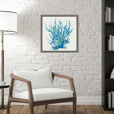 Blue and Green Coral Watercolor Canvas Print with Frame, 16 x 16 inches