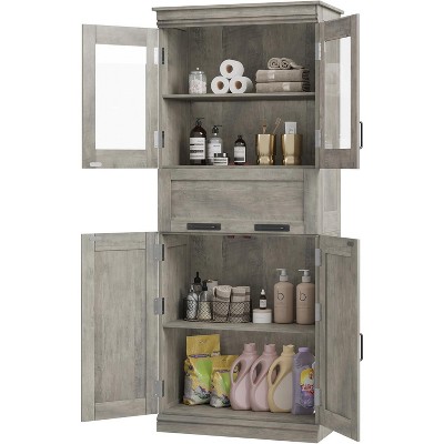 67" Tall Bathroom Storage Cabinet with Glass Doors, Adjustable Shelves, Drawer for Bathroom, Dining Room, Living Room