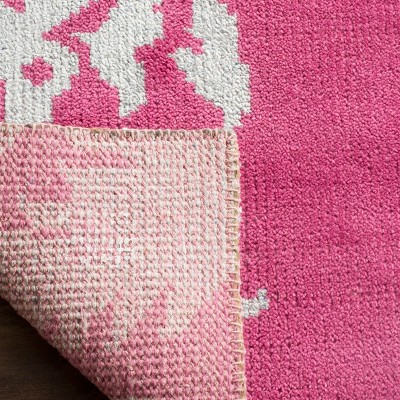 Fuchsia and White Hand-Knotted Wool Silk 8' x 10' Area Rug