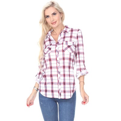 Women's Oakley Stretchy Plaid Tunic Top with Pockets - White Mark