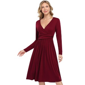 Coolmee Womens Spring Fall Midi Dress Long Sleeve Casual V Neck Pleated A Line Flowy Dress - 1 of 4
