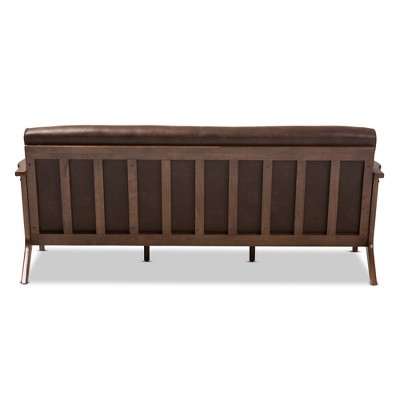 Walnut Wood Dark Brown Faux Leather 3-Seater Sofa