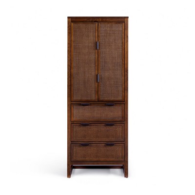 Teamson Home Hatteras Linen Cabinet with Drawers & 2 Rattan Inlay Doors with Adjustable Shelf