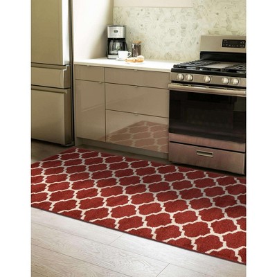 Red and Beige Synthetic Trellis Runner Rug, 6 ft