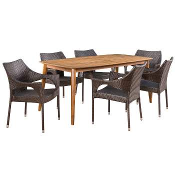 Clint 7pc Acacia and Wicker Dining Set - Teak/Brown - Christopher Knight Home: Weather-Resistant, Stackable Chairs, Traditional Patio Dining Set