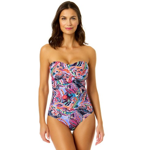 Women's Twist-Front Bandeau Classic One Piece Swimsuit with Tummy