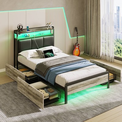 Greenstell Twin Size Bed Frame with RGB LED Lights & Charging Station, Upholstered Headboard with 4 Storage Drawers, Heavy Duty Metal Slats, Black