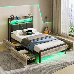 Greenstell Twin Size Bed Frame with RGB LED Lights & Charging Station, Upholstered Headboard with 4 Storage Drawers, Heavy Duty Metal Slats, Black - 1 of 4