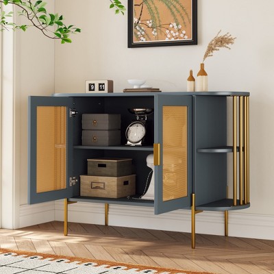 TIRAMISUBEST 2-Door Elegant Curved Dining Cabinet with Gold Trim and Woven Rattan Doors for Dining Room (Dark Gray) - Dark Gray Mo...