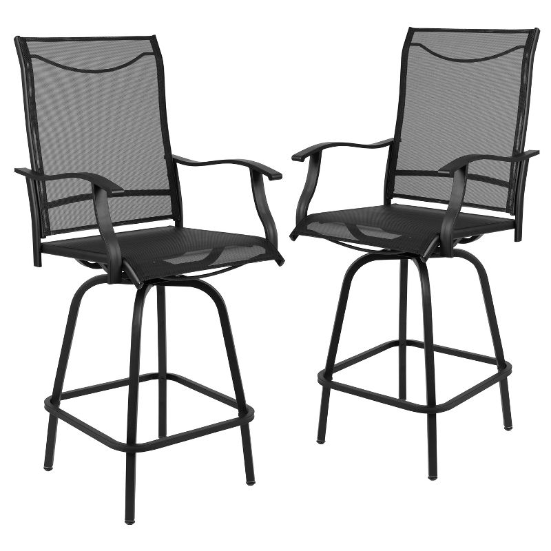 Flash Furniture Valerie Patio Bar Height Stools Set of 2, All-Weather Textilene Swivel Patio Stools and Deck Chairs with High Back & Armrests, 1 of 16