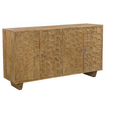 HomeRoots 70" Brown Distressed Solid Wood Carved Floral Sideboard with Four Doors