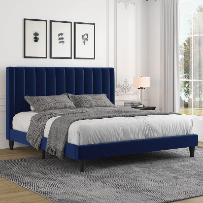 Allewie Bed Platform Frame/Velvet Upholstered Bed Frame with Vertical Channel Tufted Headboard/Strong Wooden Slats/Box Spring Optional