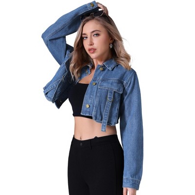 INSPIRE CHIC Women's Crop Turndown Collar Button Down Cargo Pockets Denim Jacket