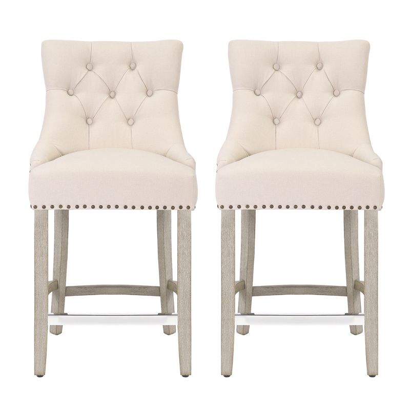 WestinTrends 24" Linen Tufted Buttons Upholstered Wingback Counter Stool (Set of 2), 1 of 4