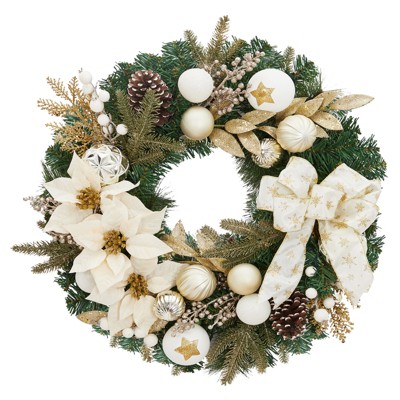 24 in Pre-Lit Christmas Wreath with LED Lights, Battery Operated, White Ball Ornaments for Door & Fireplace
