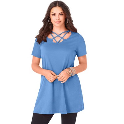 Roaman's Women's Plus Size Lattice Neck Short Sleeve Ultimate Tunic