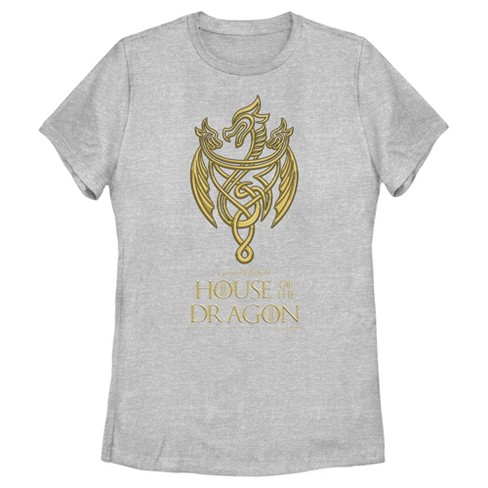 Women's Game of Thrones: House of the Dragon Gold Three-Headed Dragon Crest  T-Shirt - Athletic Heather - 2X Large