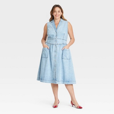 Women's Denim Midi A-Line Dress - Ava & Viv™ Light Wash 20