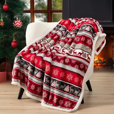 Holiday Reindeer Red and White Sherpa Fleece Reversible Throw Blanket