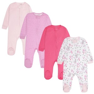 Everyday Kids 4-Pack Baby Girl Sleepers with Zippers – Soft Cotton Footed Pajamas in Pink Solids, Polka Dots, and Woodland Animals - 1 of 4