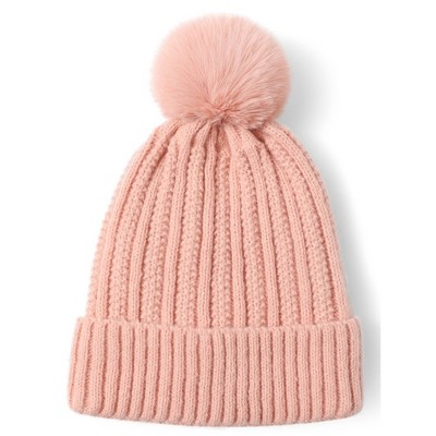 Thedappertie Women's Pink Solid Color 100% Acrylic Knit Hat With Pom ...