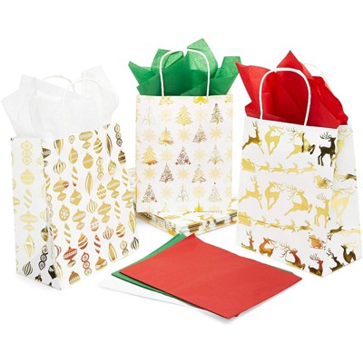 Sparkle and Bash 15-Pack Christmas Party Small Gift Bags & 24 Sheets of Tissue Paper (3 Designs, 8 x 10 x 4.7 in)