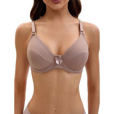 INSPIRE CHIC Women's V Neck Back Hook Adjustable Strap Bow Decor Front Underwire Push-Up Bras Khaki 42C