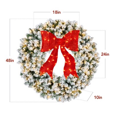 48-Inch Flocked Fir Christmas Wreath with Red Bow and LED Lights