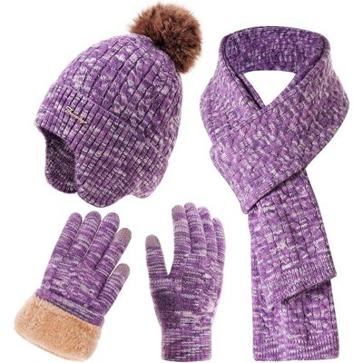 ZUPPAD Winter Hat Scarf Gloves Set for Women, Classic Cable Beanie with Removable Pom Pom Long Scarf Touchscreen Gloves 3 in 1 Set