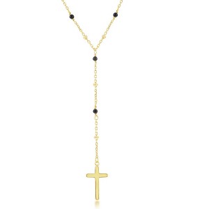 Bella Silver Sterling Silver Onyx & Plain Beads by the Yard Cross Rosary Necklace - Gold Plated - Black - 16+2 Inch - 1 of 2