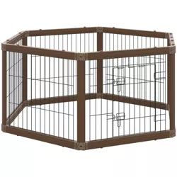 PawHut 24.5" Heavy Duty Pet Playpen, 6 Panels Dog Exercise Pen, Foldable Puppy Play Whelping Fence, with Door, Double Latches, Indoor & Outdoor, Brown