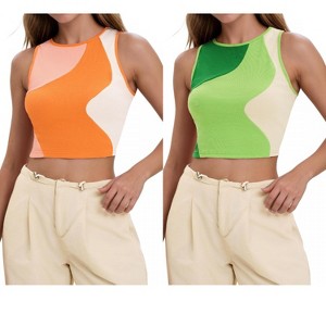 INSPIRE CHIC Women's Color Block Summer Crew Neck Ribbed Sleeveless Crop Going Out Tank Tops 2 Packs - 1 of 4