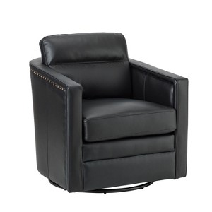Eulalia 28.74 Wooden Upholstery Wide Genuine Leather Swivel Chair with Swivel Metal Base and Squared Arms| ART OF LIVING DESIGNS - 1 of 4