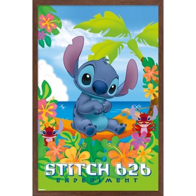 Trends International Disney Leroy and Stitch - Beach Framed Wall Poster Prints Mahogany Framed Version 22.375" x 34"