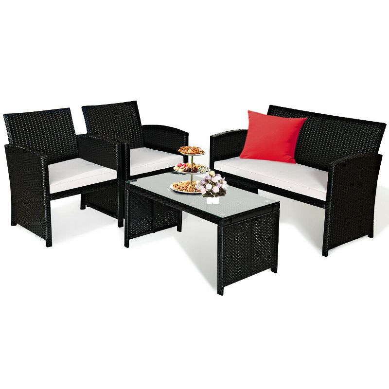 Costway 4PCS Patio Rattan Furniture Conversation Set Cushioned Sofa Coffee Table Garden Black, 2 of 11