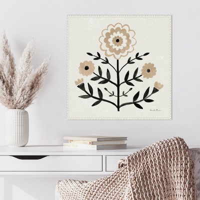 Garden Folk Flowers I Beige and Black Canvas Wall Art with White Frame