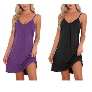 INSPIRE CHIC Women's 2 Pcs Sleeveless Camisole V Neck Pajama Dress Sleepwear Nightgowns - 1 of 4