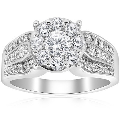 Pompeii3 1 1/2ct Diamond Halo Engagement Ring Wide 3-Row Band 10K White Gold