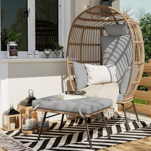 Wicker Egg Chair with Ottoman, Egg Basket Lounge Chair with Thick Cushion, Comfy Egg Rattan Seat for Indoor Outdoor Patio Porch Backyard - 1 of 4