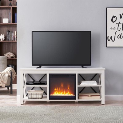 White Rectangular TV Stand with Crystal Fireplace Insert