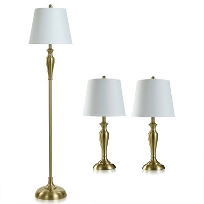 2 Table Lamps and 1 Floor Lamp Antique Brass with White Hardback Shades - StyleCraft: UL Listed, Metal Body, Linen Shade, 3-Way Switch