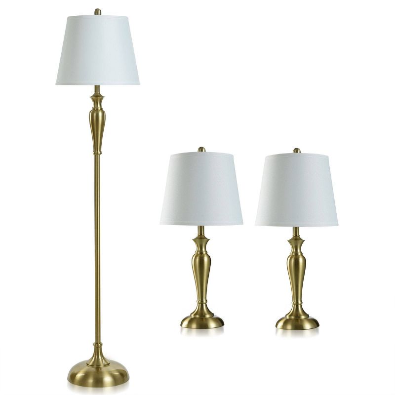 2 Table Lamps and 1 Floor Lamp Antique Brass with White Hardback Shades - StyleCraft, 1 of 5