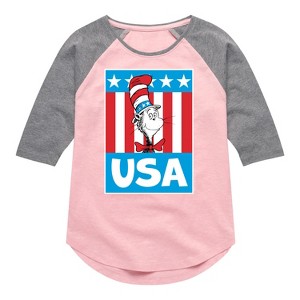 Girls' - Dr. Seuss - Cat in The Hat USA Shirt Tail Raglan Graphic T-shirt - 1 of 4