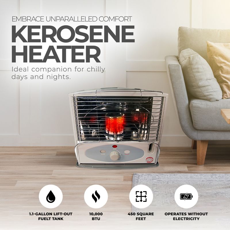 Kero World 10,000 BTU Kerosene Wick Heater with Glass Burner System, Sure-Seat Chimney System, and Removable 1.1 Gallon Fuel Tank, Gray, 2 of 7