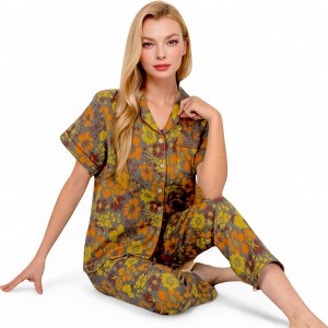 Anna-Kaci Women's Floral Print Short Sleeve Pajama Set with Button-Up Top and Piping Details - 1 of 4