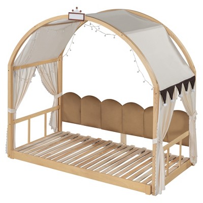 TiramisuBest Twin Size Extended Bed With Arched Roof and Trundle - Natural Plywood Design