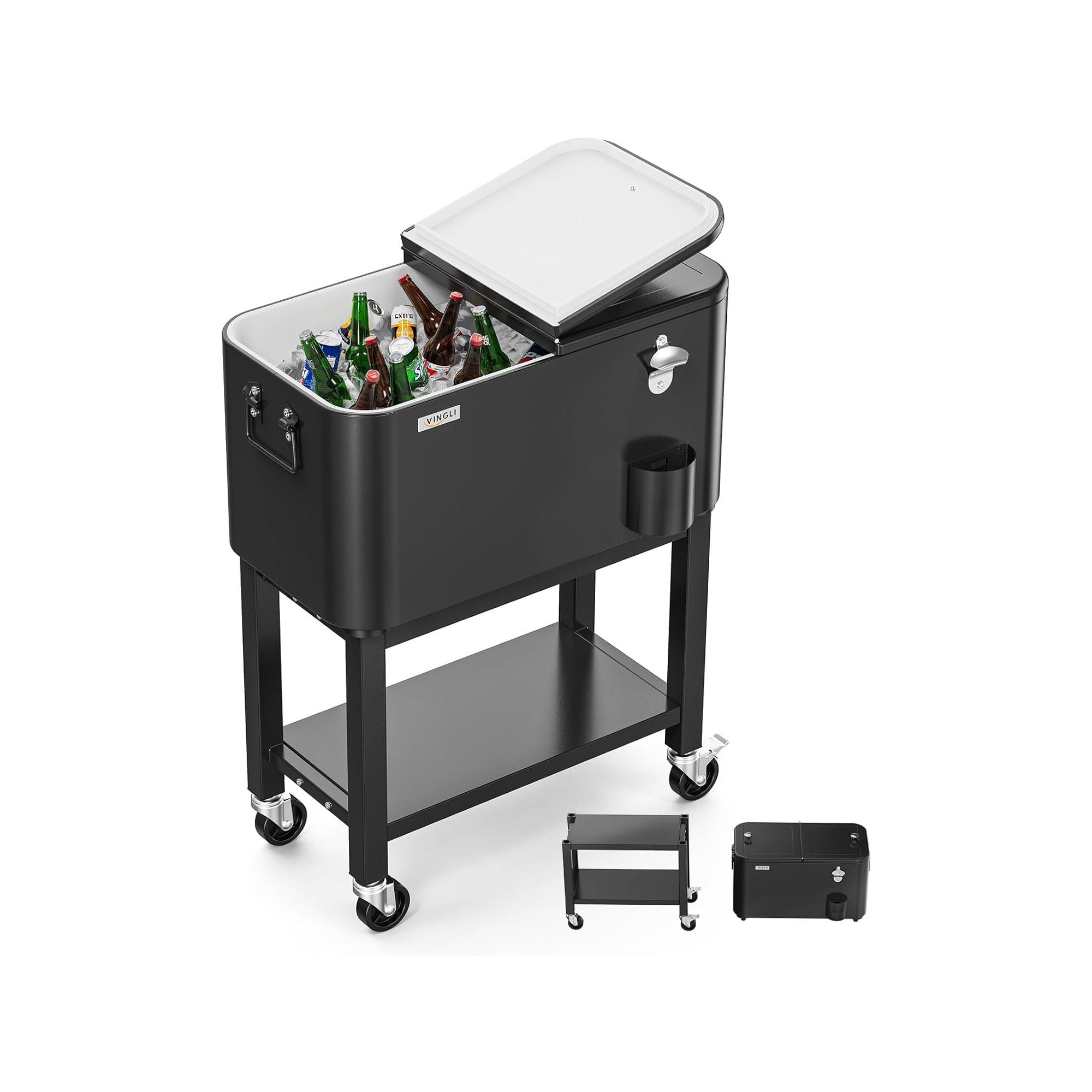 VINGLI 60qt Patio Cooler, Rolling Ice Chest on Wheels, Portable Patio Party Bar Drink Cooler Cart Black