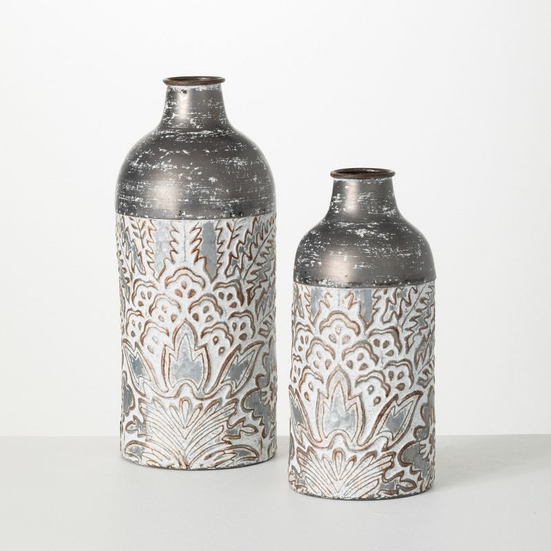Sullivans Metal Baroque Printed Metal Vase Set of 2, 16"H & 12.5"H Gray, 1 of 6