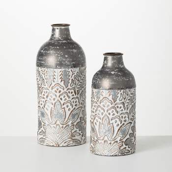 Sullivans Metal Baroque Printed Metal Vase Set of 2, 16"H & 12.5"H Gray